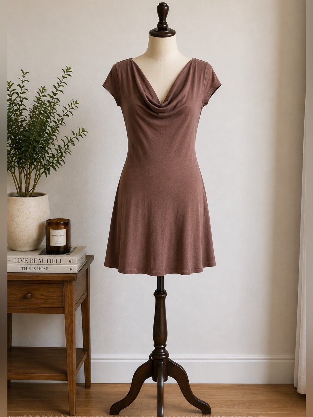 See You Monday Mocha Brown Cowl Neck Mini Dress Y2K 90s Style Size Medium